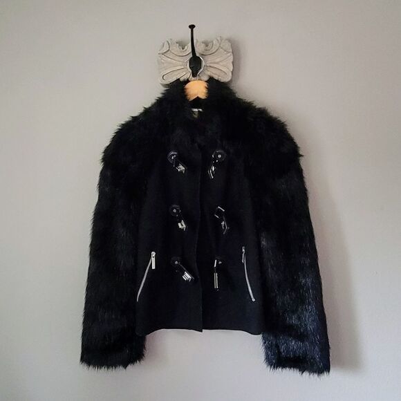 Michael Kors Yeti Faux Rabbit Fur Sleeve & Wool Moto Turnlock Jacket in Black - Picture 6 of 16